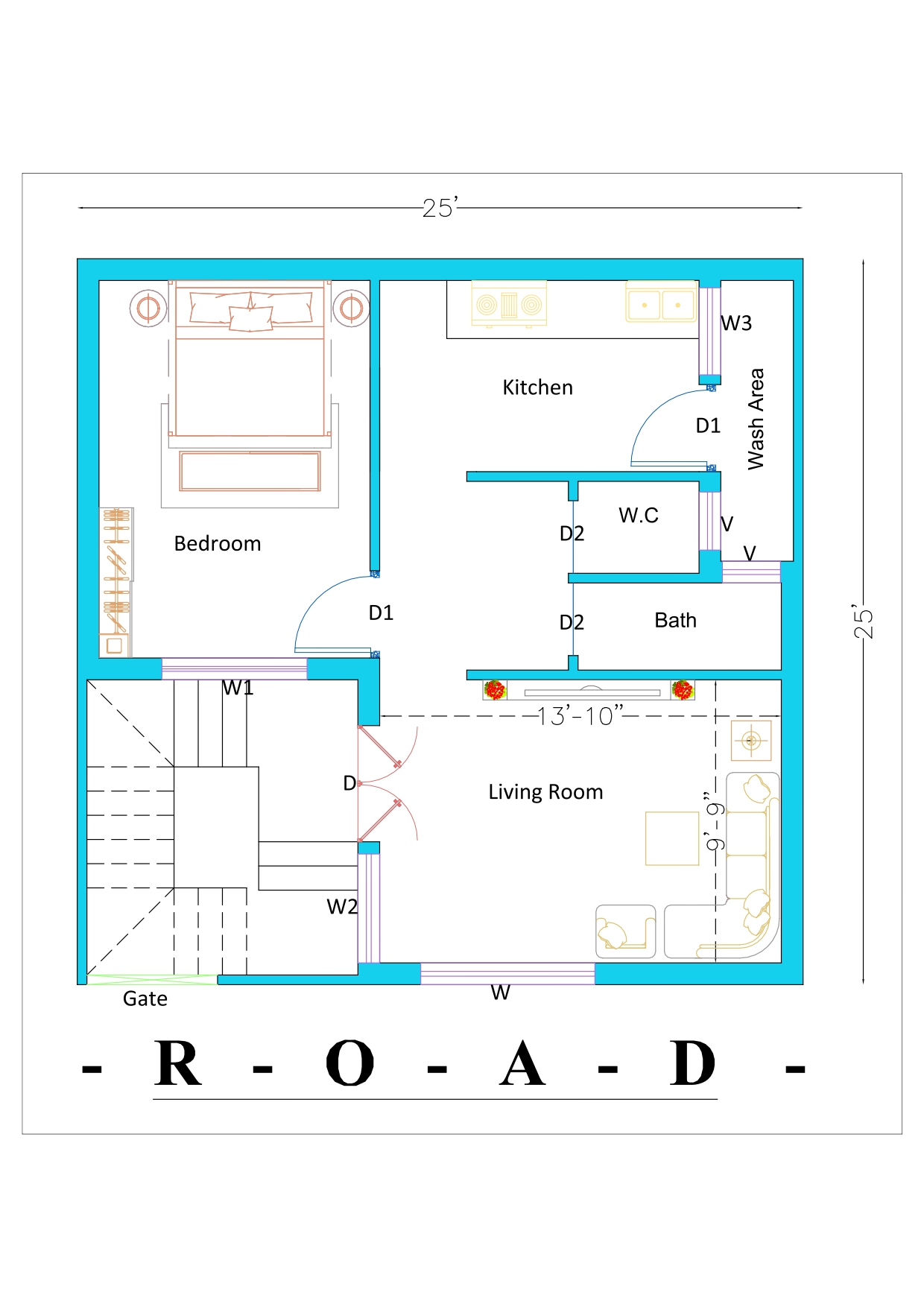 25x25 house plan | best FREE 1BHK house plan : DK 3D Home Design