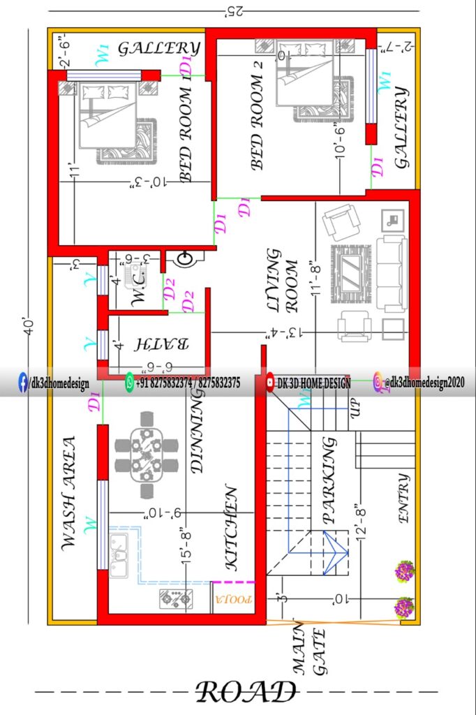 25x40 House Plan East Facing 2bhk Dk3dhomedesign