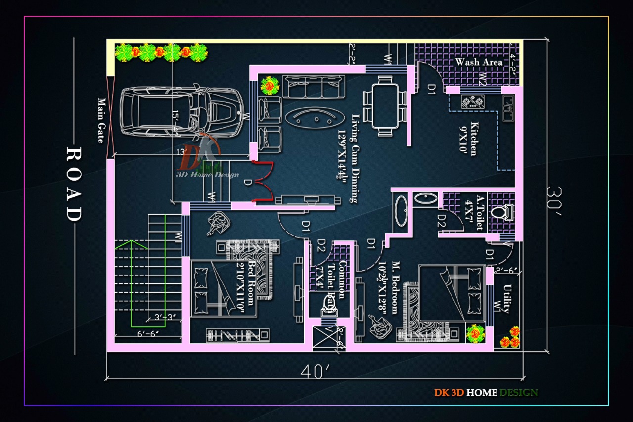 30x40 North Facing House Vastu Plan | 1200 Sq Ft 2Bhk Home Plan