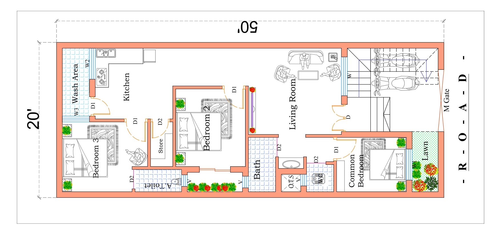 x50 House Plan 1000 Sq Ft House Plan Dk3dhomedesign