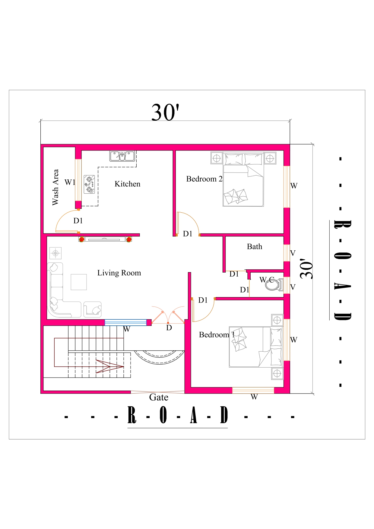 30X30 2 Story House Plans Floor Plan For 30 X 30 Feet Plot 2 Bhk 900 Square Feet 100 Sq Yards