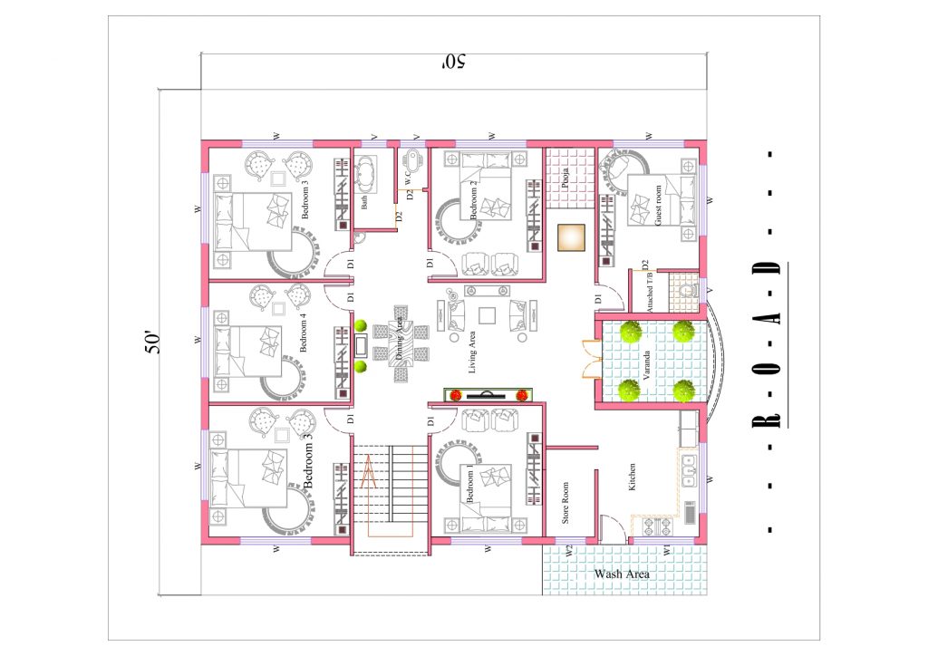 5 bedroom house plan in 50x50 sq ft