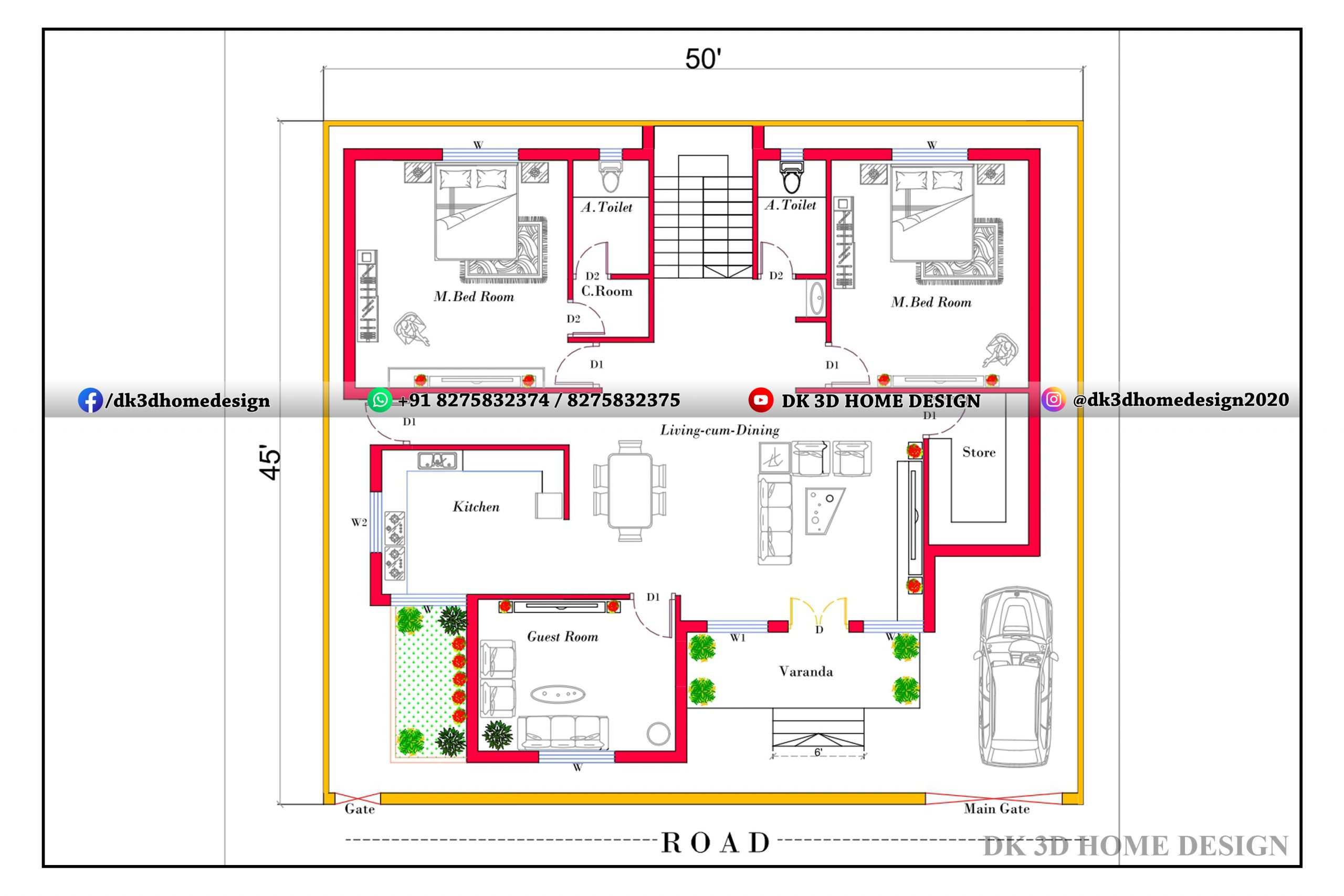 50x45 House Plan East Facing House Plan Dk 3d Home Design