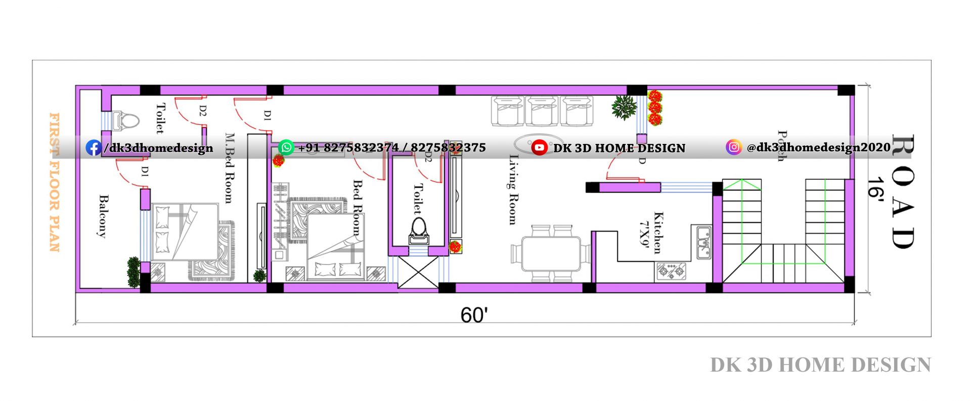 16x60 Small House Design And Plan And Plan With Color Options Dk3dhomedesign