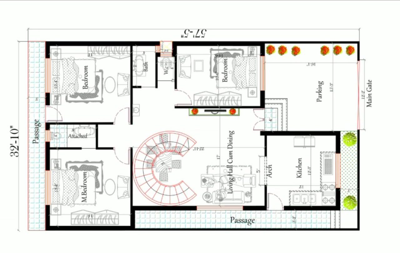 3bhk-duplex-plan-with-attached-pooja-room-and-internal-staircase-and-ground-floor-parking-2bhk