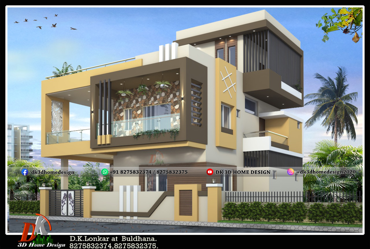 Double floor front elevation design with rich color combination