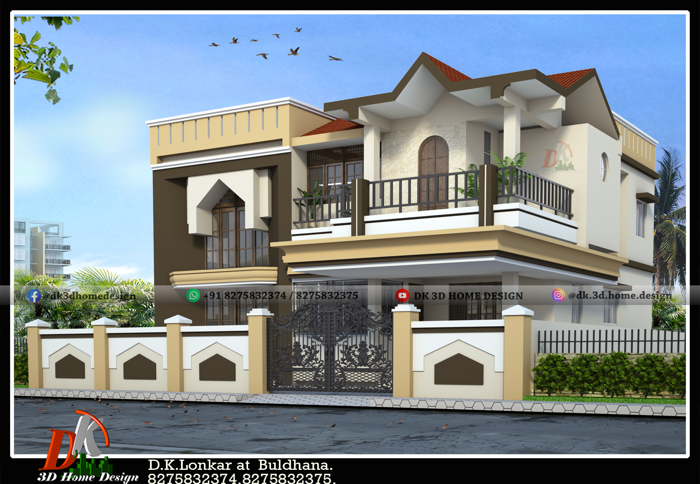 Simple classic Indian style bungalow front elevation design