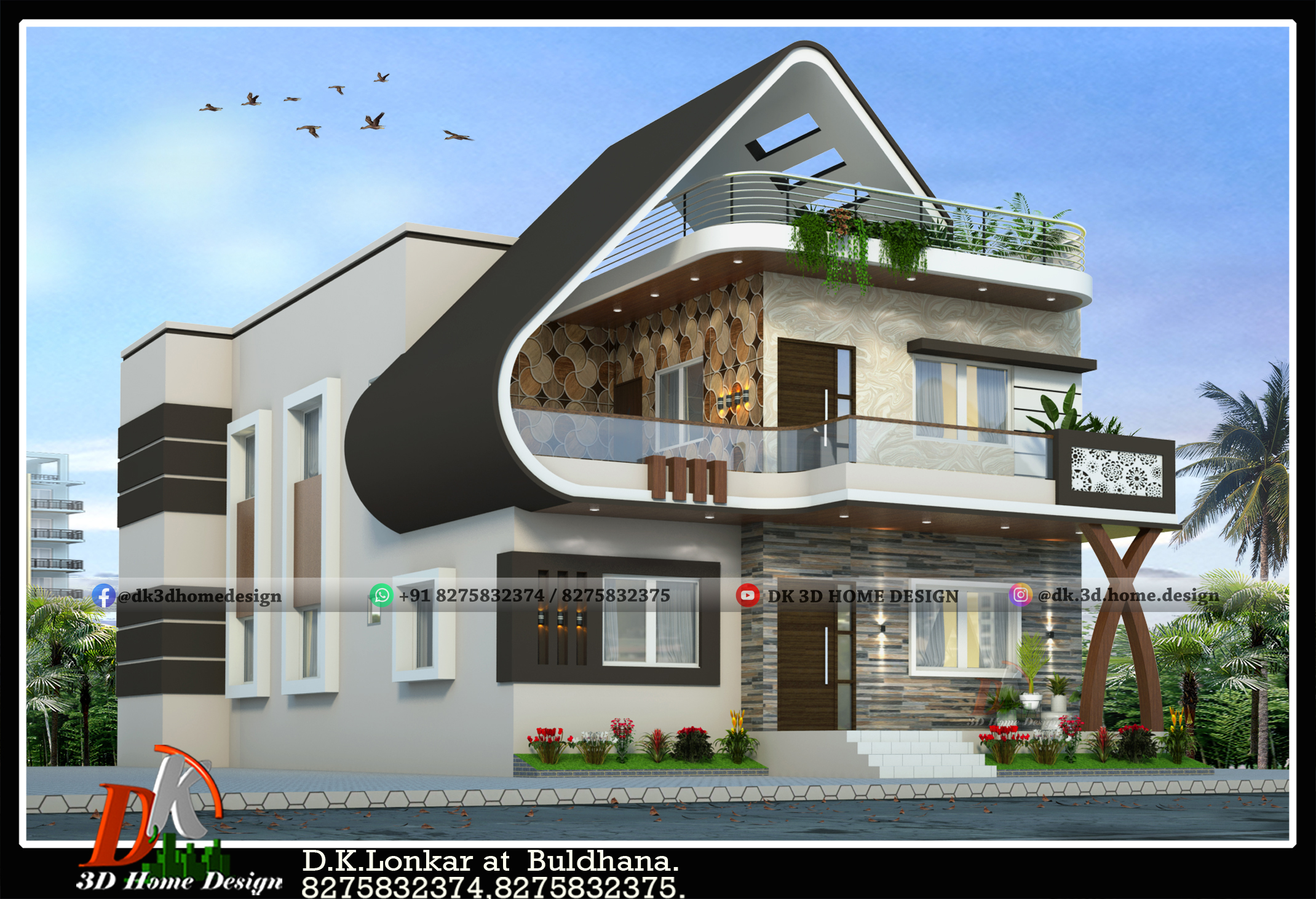 Unique modern bungalow house 3D front elevation design