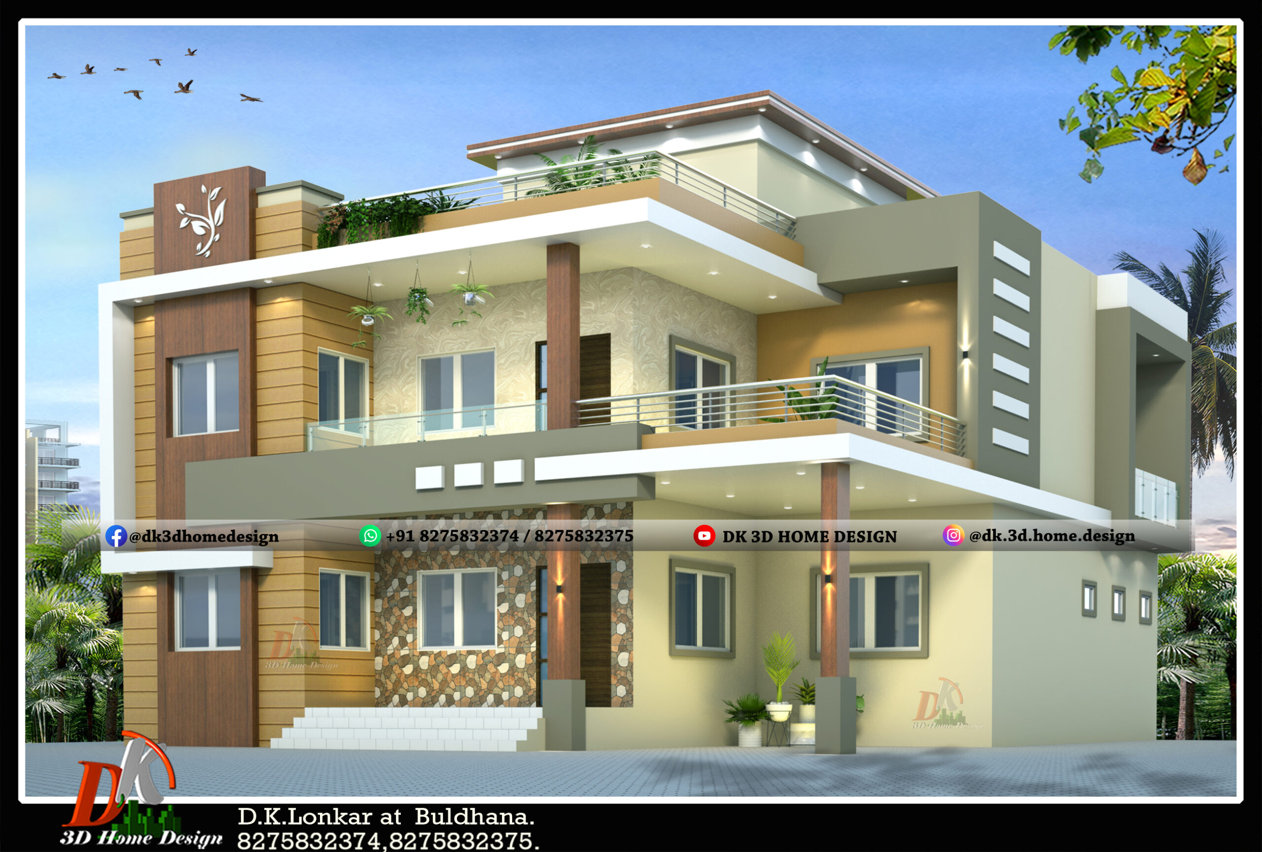 Luxurious double floor bungalow house 3D front elevation design