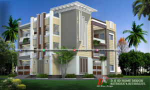 Three Floor house front elevation design with brilliant color combinations