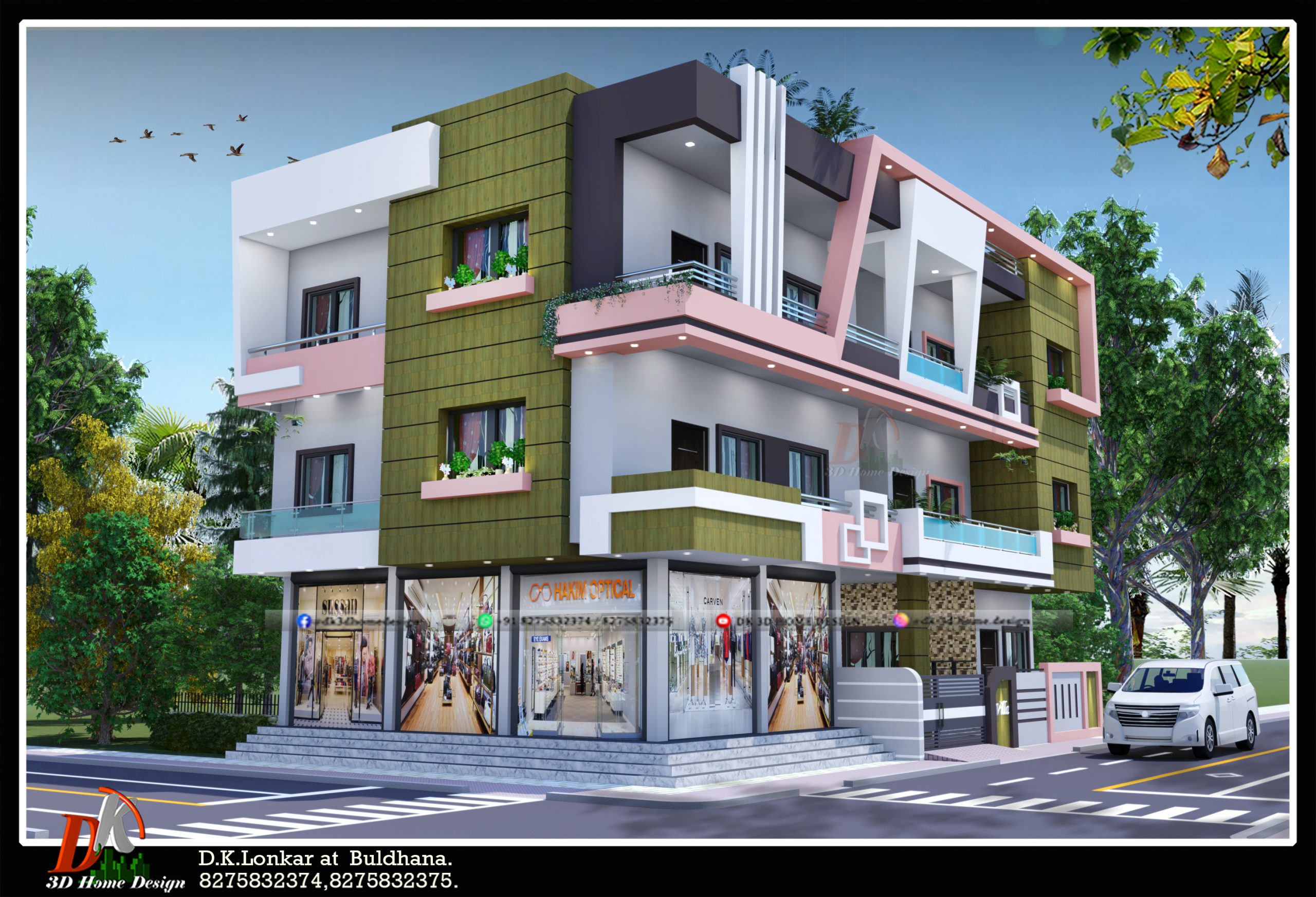 G+2 house elevation design with shop
