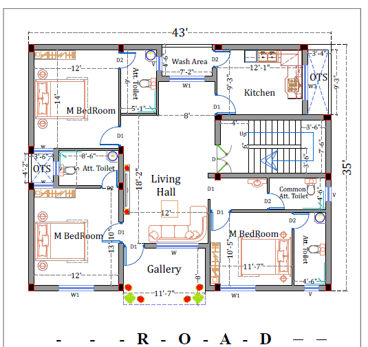 1500 sq ft g+2 house plan