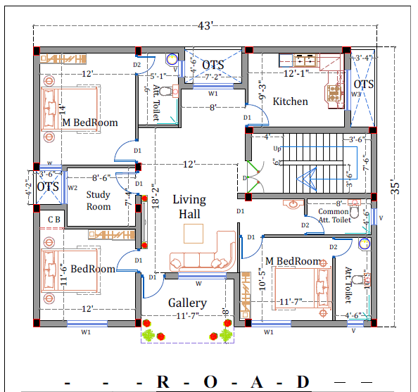 3 floor house plan in 45x35