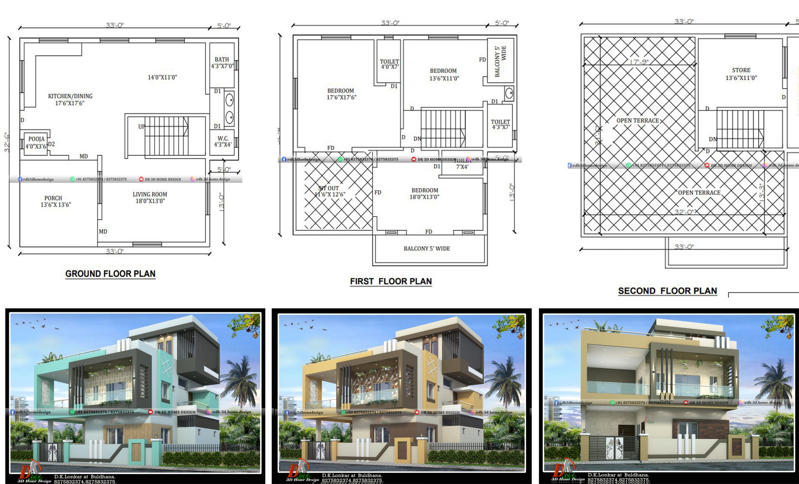 1200 Sq Ft G+2 House Design With Different Color Options & Its 2D Plan