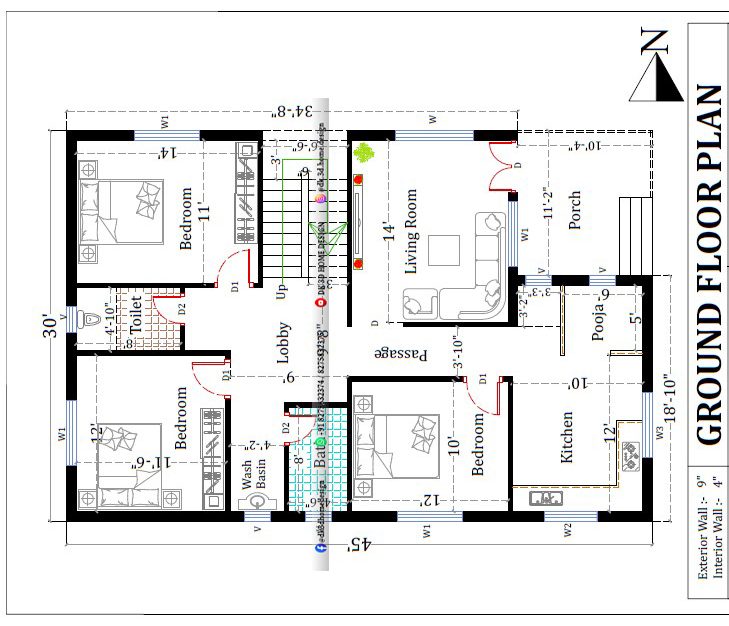 30x45 3bhk single floor house plan