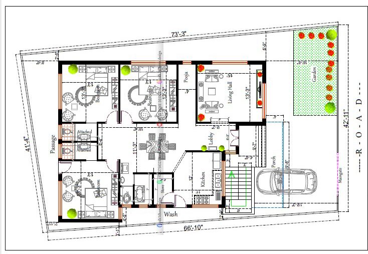 40*50 3bhk house plan with pooja room in 2000 sq ft