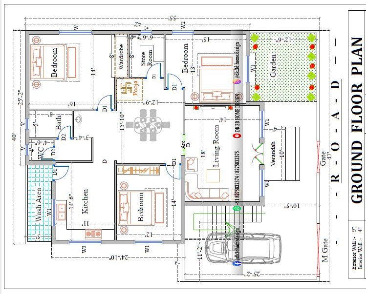 2200 sq ft single floor 3bhk house plan