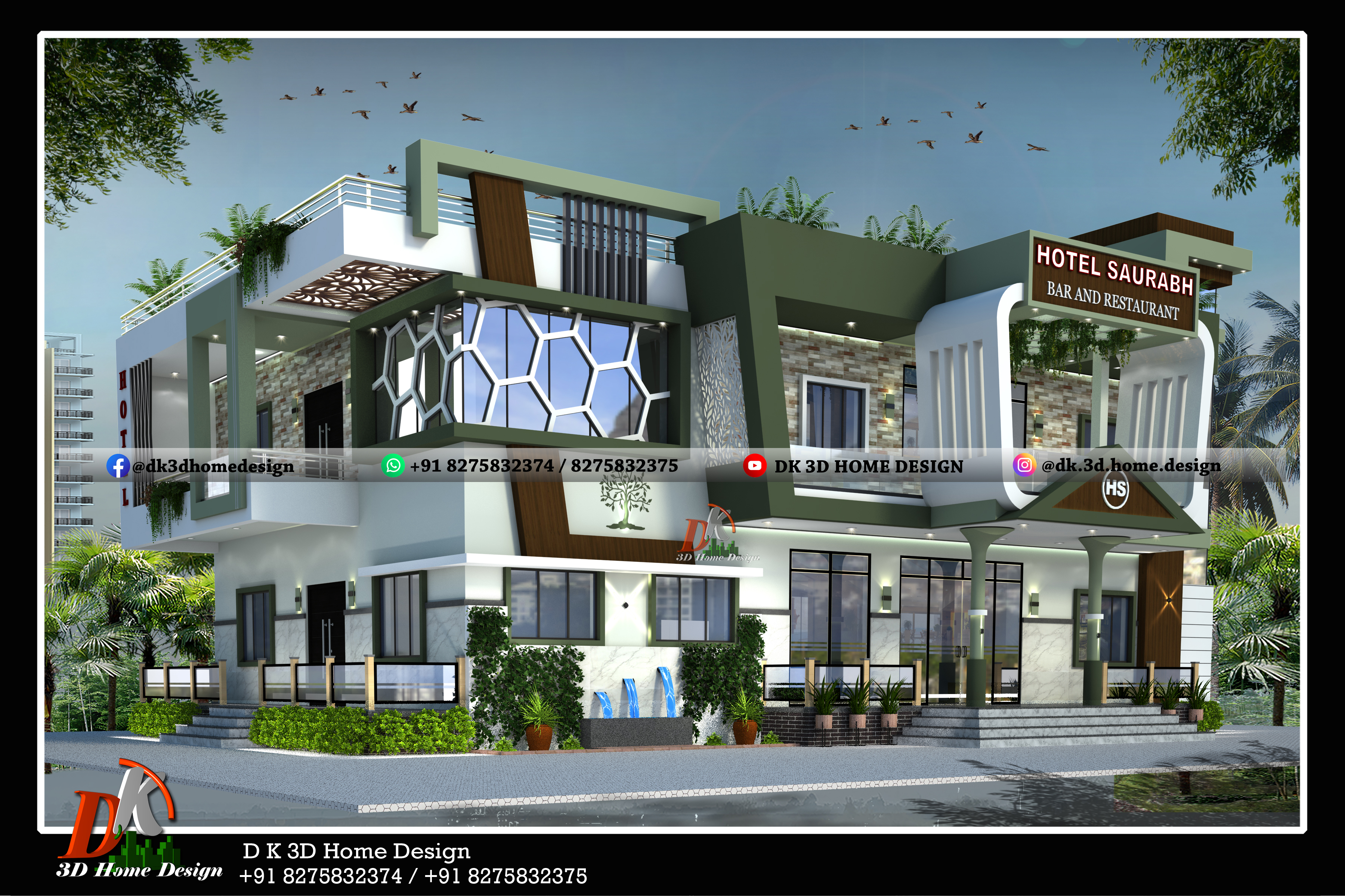 Front elevation design for Hotel commercial building