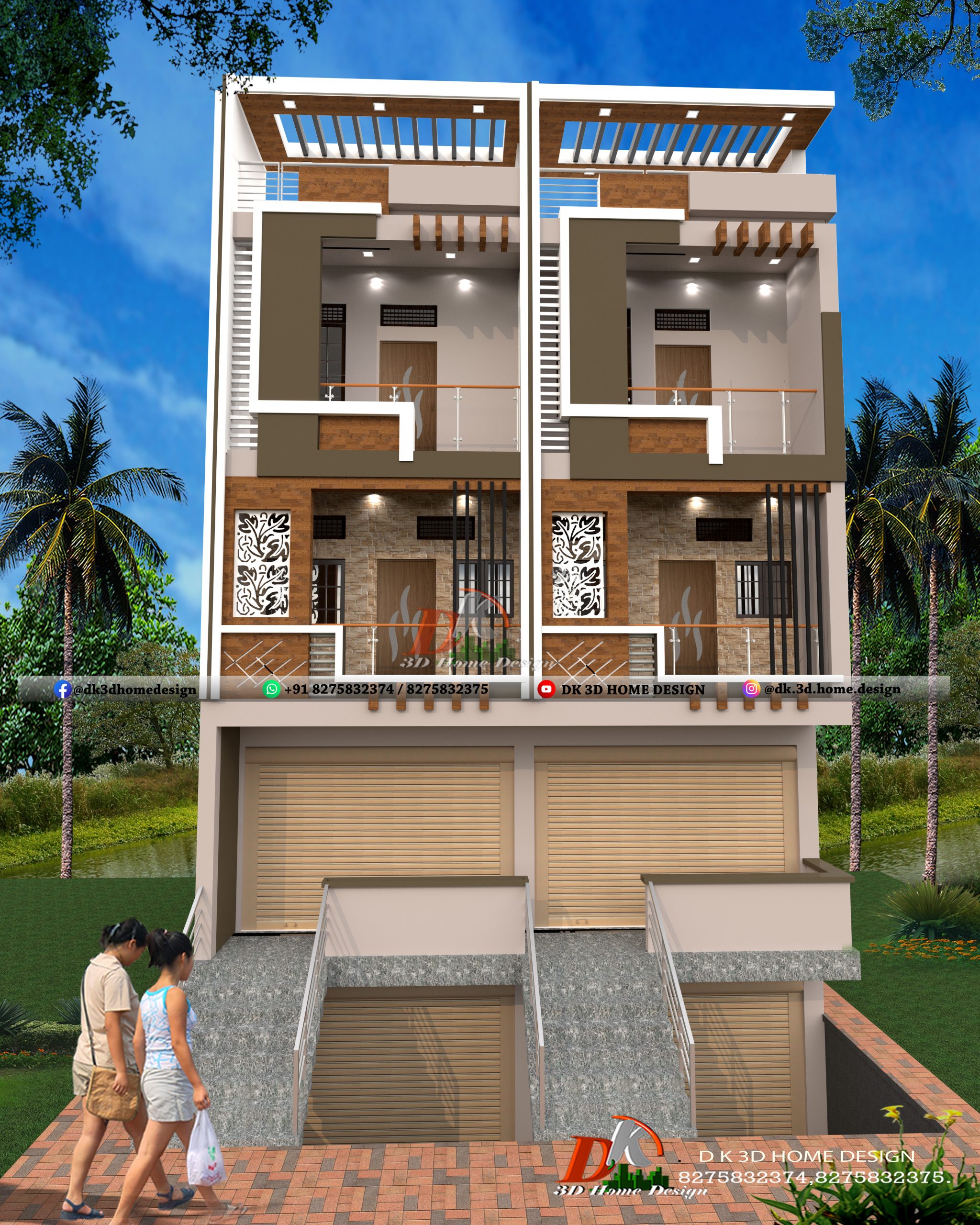 Commercial + residential row house 3D front elevation design