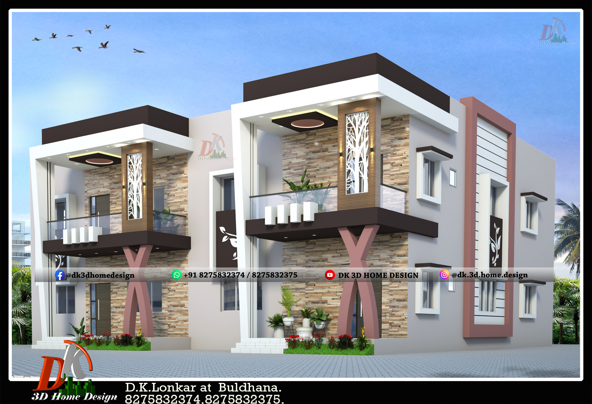 Modern duplex home front elevation design for two family