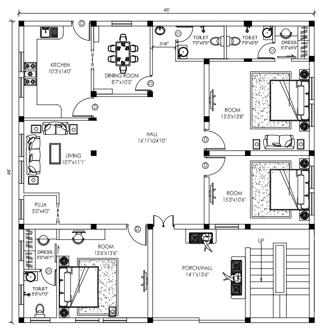 45x45 3bhk house plan indian style