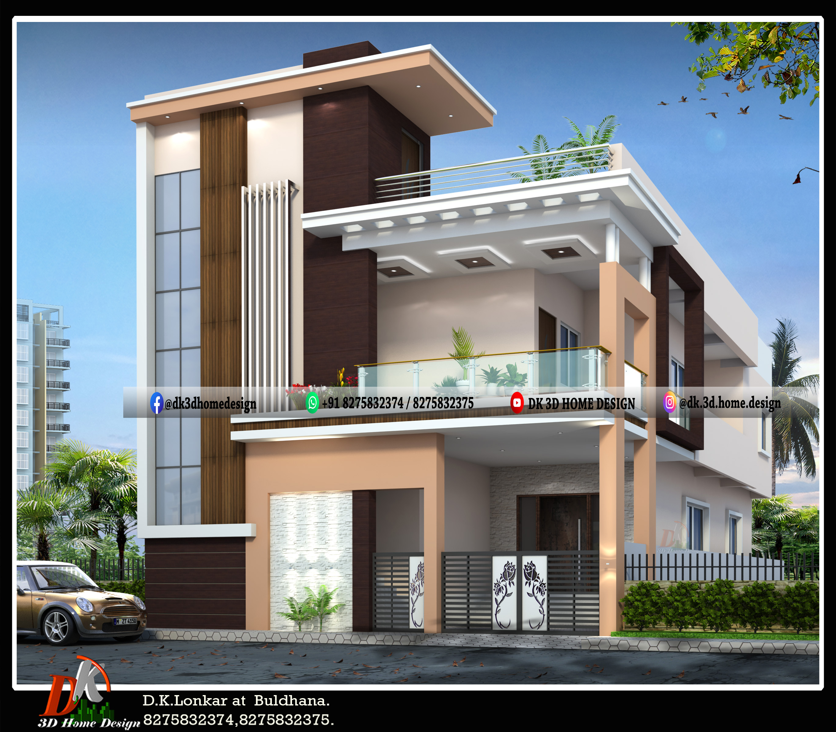 3D front elevation design for duplex building