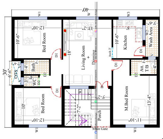 40x30 house plan single floor 3bhk in 1200 sq ft
