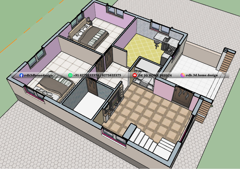 2BHK House plan In low budget with 3D cut section: